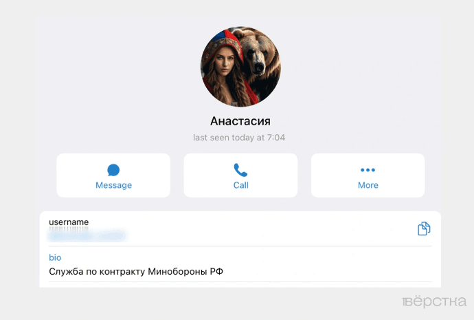 Профиль в Telegram одного из рекрутёров, вербующих добровольцев на военную службу по контракту.